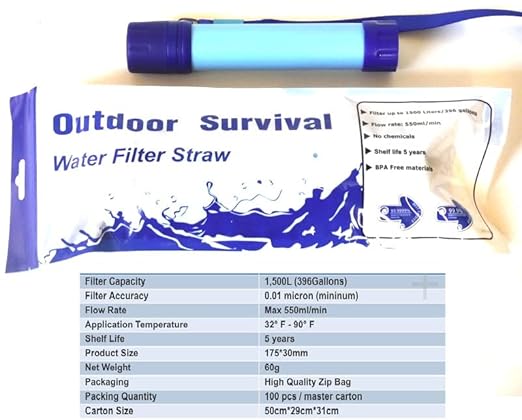 Galaxy Personal Portable Water Filter Straw Filtration Purifier for Hiking, Camping, Hunting, Fishing, Travel, Outdoor Emergency Survival Detachable Drinking One Pack
