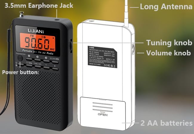 Pocket Weather Radio NOAA/AM/FM Powered by 2 AA Emergency Portable Transistor with LCD Display Digital Alarm Clock Sleep Timer, Best Reception Longest Lasting,Built in Speaker,Button Backlight Design