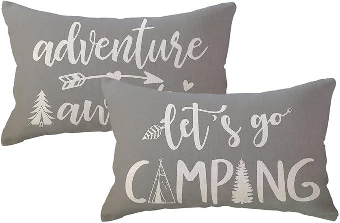 ULOVE LOVE YOURSELF Adventure Camper Decorative Lumbar Pillowcase Double-Sided Let’s Go Camping/Adventure Awaits Throw Pillow Covers Cabin/Camper Cushion Covers 12x20,2Pack for Sofa/Couch/Porch(Grey)