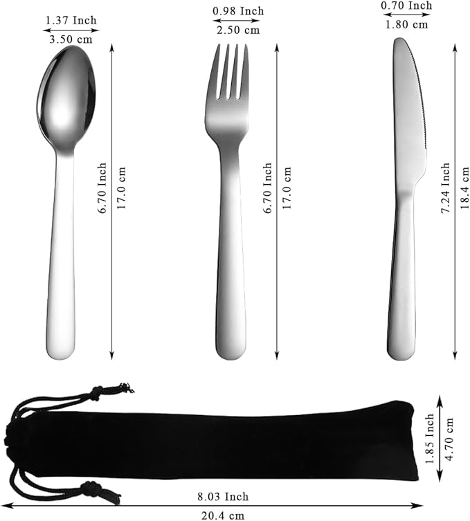 Evanda 3 Piece Portable Silverware Set, Include Knife Fork Spoon, Camping Cutlery Set With Black Bag, For Home Kitchen Camping Travel, Dishwasher Safe