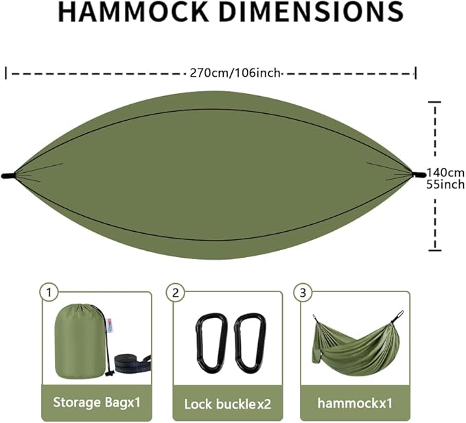 Camping Hammock, Portable Hammocks with Tree Straps & Attached Carry Bag, Travel Tree Hammocks for Outside Indoor Hiking Beach Backpack Travel(Green, Polyester Pongee)