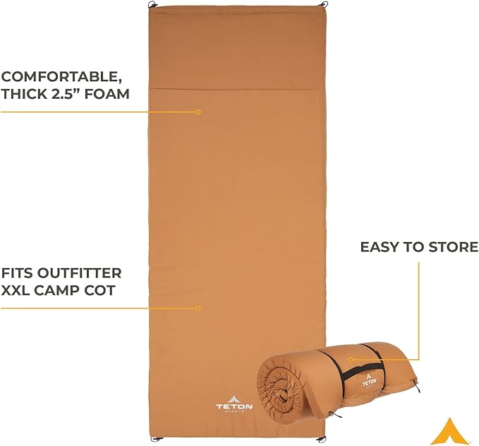 Teton Outfitter Sleeping Pad for Cot, Extra Thick Comfortable Camping Mattress for Adults, Portable Roll-Up Camp Pad, Durable Foam Cushioning