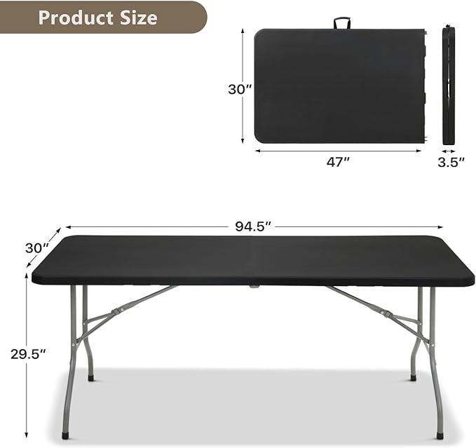 OS MOTOR 7.8ft Folding Table with Carry Handle, Portable Heavy Duty Plastic Utility Table with Steel Legs for Party, Wedding, Camping, Indoor, Outdoor Event, 94 Inch, Black