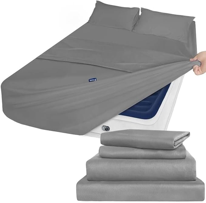 Moonsea Air Mattress Queen Sheet Set Deep Pocket Queen Sheets - 4 Piece Bed Sheets Queen Size Fade Resistant Fits 16in to 24in Pillow Top Air Bed Mattress - Grey