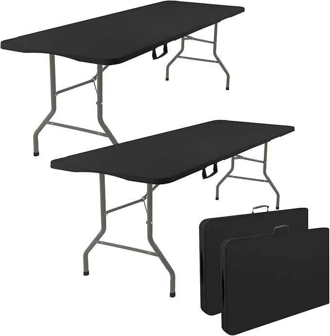 Fivenl 2 Pack 6 Feet Portable Folding Table Black, Steel Legs Fold-in-Half with Carrying Handle Rectangular Plastic Foldable Table for Party, Wedding, Camping, Picnic, Dining, Indoor Outdoor Events
