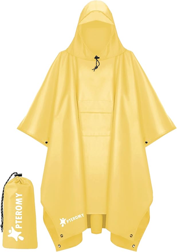 PTEROMY 3-in-1 Hooded Rain Poncho for Adult with Pocket, Waterproof Lightweight Unisex Raincoat for Hiking Camping Emergency