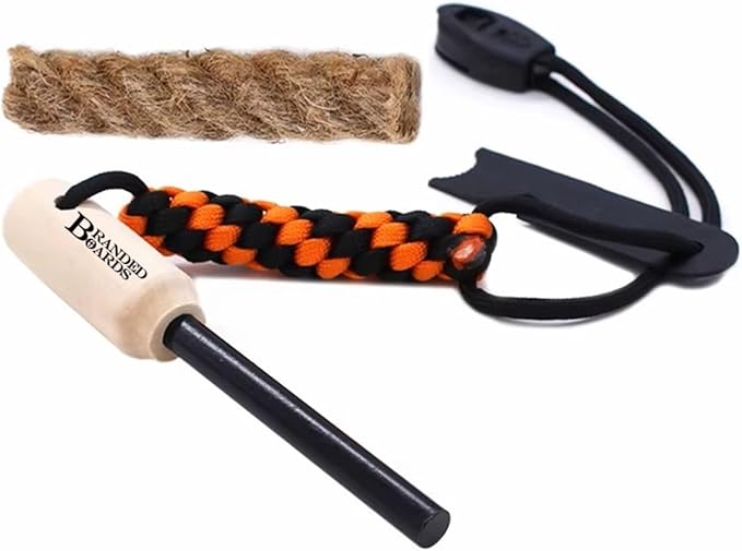 Bushcraft Fire Starter Kits. Ferrocerium Rod, Multi Tool Fire Striker, Waterproof Waxed Jute Rope Tinder, Survival Paracord, Emergency Whistle, Burlap Bag