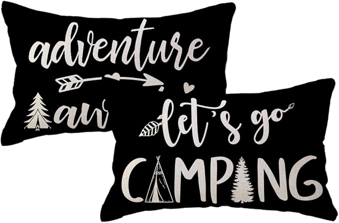 Adventure Camper Decorative Lumbar Pillowcase Double-sided Let’s Go Camping/Adventure Awaits Throw Pillow Covers Cabin/Camper Cushion Covers 12x20,2Pack for Sofa/Couch/Porch (Black)