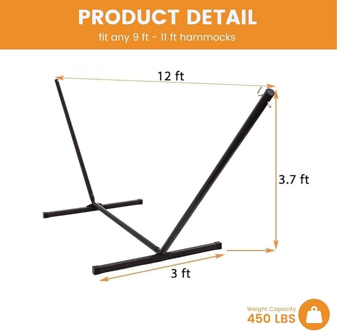 Lazy Daze Hammocks Portable 2 Person Heavy Duty Steel 12 FT Hammock Stand with Hooks and Chains for Outside, Patio, Backyard, 450 Pounds Capacity, Coffee Frosted