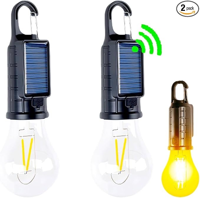 Solar Camping Lantern, Portable LED Camping Light with Light Sensor, USB Rechargeable Tent Light, Dusk to Dawn Waterproof Hanging Emergency Light for Outdoor Hiking Backpacking Patio Warm White 2 Pack