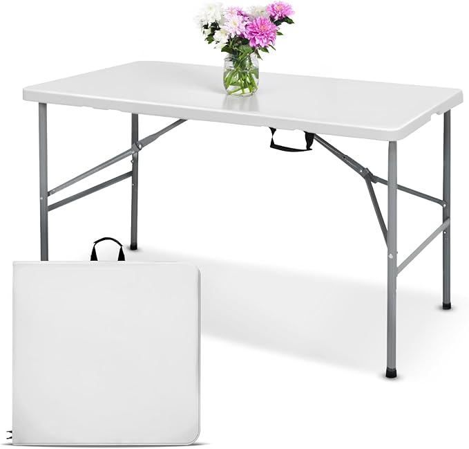 EconoHome White 4ft Folding Table with Handle | Heavy-Duty Foldable Table | Portable Table for Indoor & Outdoor Use | Perfect for Events, Camping, Parties, Dining & More