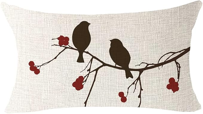 ITFRO Hand-Painted Oil Painting Rustic Forest Wildlife Birds Peach Tree Branches Waist Lumbar Cotton Linen Throw Pillow Cover Cushion Case Oblong 12x20 Inches (Beige)
