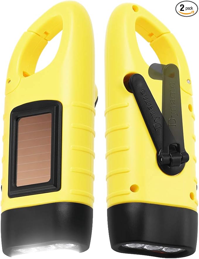 Simpeak 2-Pack Hand Crank Solar Powered Emergency LED Flashlight, Survival Flashlight with Dynamo Torch for Outdoor Sports, Yellow