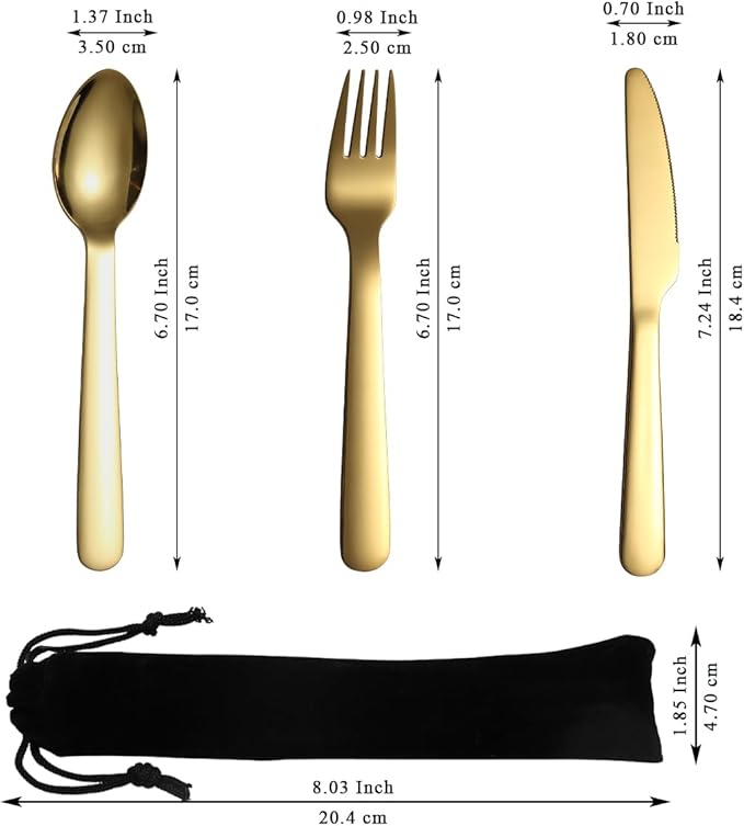 Evanda Portable Silverware Set Set of 2 Packs, Include Knife Fork Spoon, Gold Titanium Plating Cutlery Set With Black Bag, For Home Kitchen Camping Travel, Dishwasher Safe
