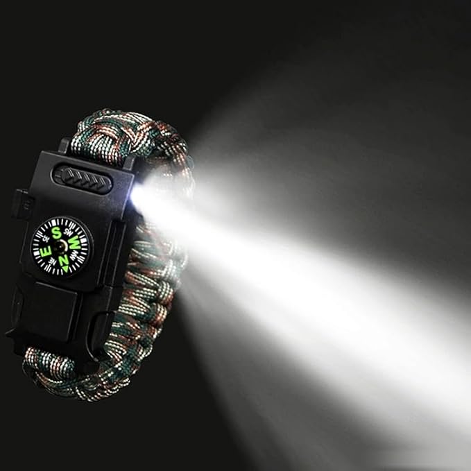 Outdoor Survival Wristband – Tactical Paracord Band with LED Light, Compass, Fire Starter, Whistle & Multitool for Camping, Hiking, and Emergency EDC