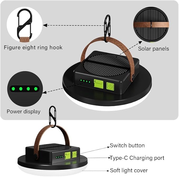 Camping Light Rechargeable, 4500LM 45W Tent Light with Hook, Solar & USB Fast Charging, Long Battery Life, 4 Light Modes, Hanging Portable Lamp for Power Outages, Camping Gear, Emergency, Outdoor