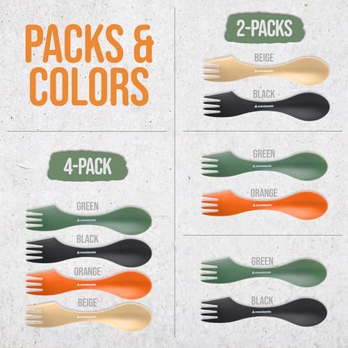 Reusable Camping Spork Set 4-Pack - 3-in-1 Travel Sporks, Lightweight Durable Utensils & Silverware for Tailgate, Outdoors, Hiking, Picnic, Lunch Box - Eco-Friendly Plastic Fork Spoon Knife Combo