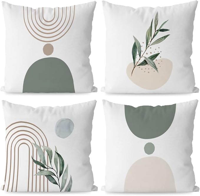 KEUSPI Bohemian Throw Pillow Covers 18×18 Set of 4,Bohemian Home Decor,Boho Green Geometric Plant Pillow Covers Abstract Boho Beige Rainbow Botanical Leaf Pillow Covers
