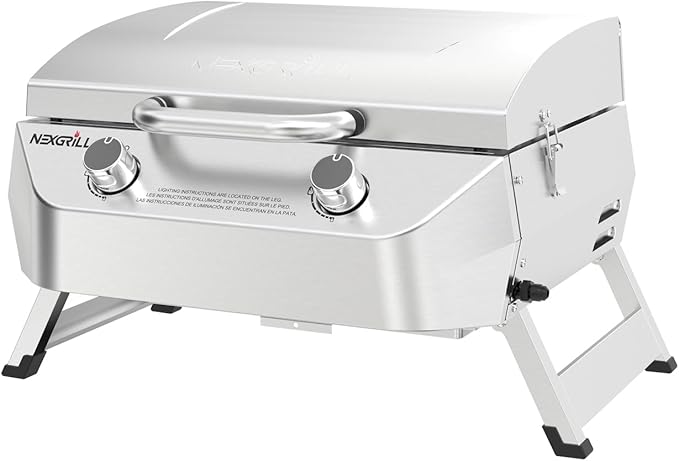Nexgrill Stainless Steel 2-Burner Portable Gas Grill with Locking Lid, Folding Legs, 20,000 BTUs, 251 SQ In Cooking Space, Tabletop Grill for Camping, Outdoor Cooking, Patios, and More - 820-0007GE