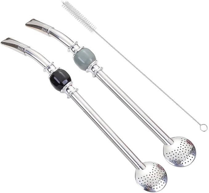 Set of 2 Premium big Yerba Mate stainless steel straws 8.2'' long - Bombillas for Mate gourd drinking,removable head filter, with Cleaning Brush (Gray-Black 2+1)