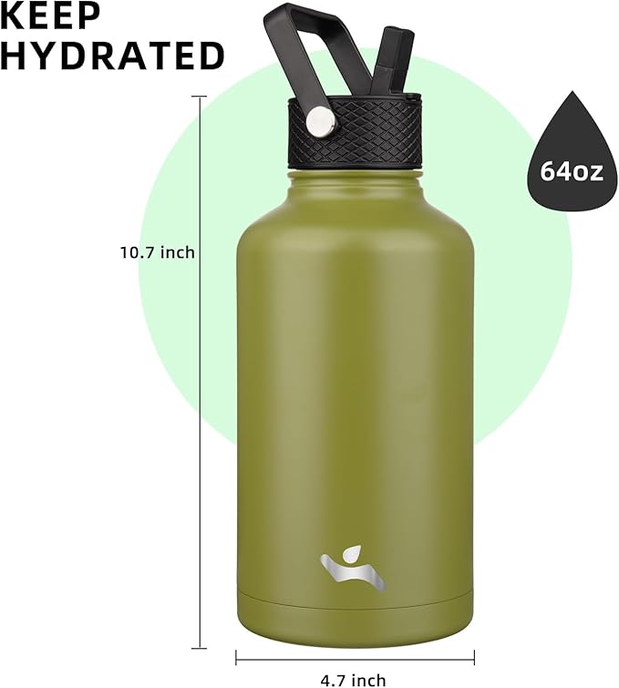 Konokyo Half Gallon Insulated Water Bottle with Straw,64 oz 3 Lids Water Jug with Carrying Bag,Paracord Handle,Double Wall Vacuum Stainless Steel Metal Flask,Forest Green