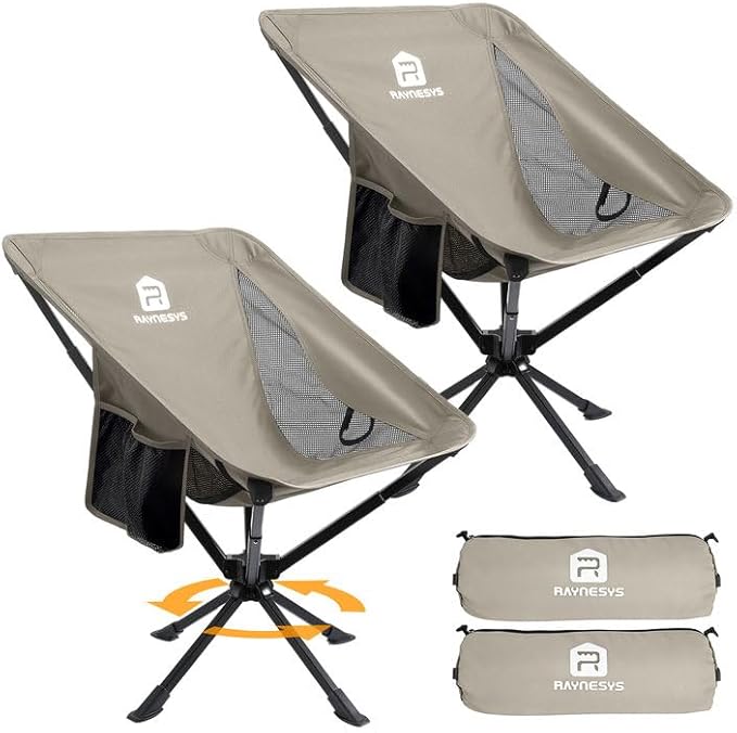 Raynesys Portable Camping Chair 2 Pack, 8 Seconds Quick Setup Folding Camping Chair, Flexible 360° Rotation, 3.8Lb Lightweight Travel Chairs for Easy Carry to Hiking, Sporting, Beach, Khaki