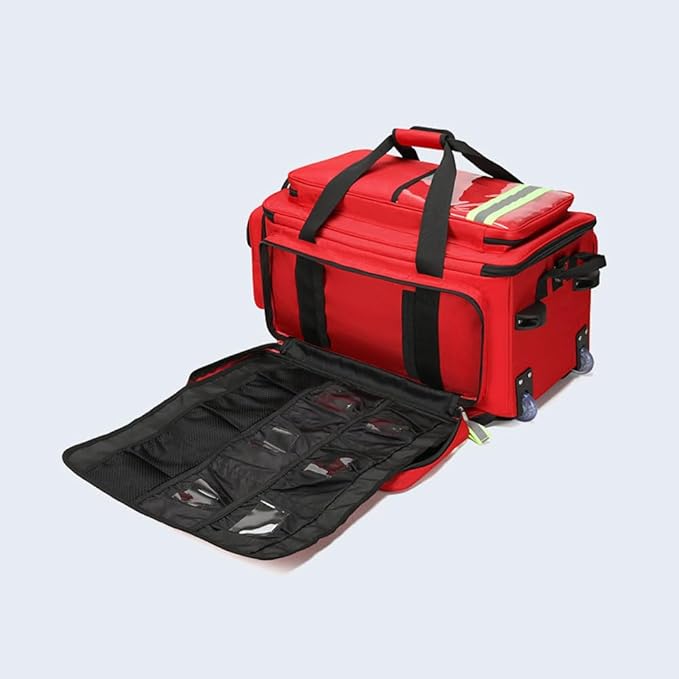 Generic Portable Trolley First Aid Kit Bag with Wheels, Large Capacity Outdoor Emergency Medical Duffle Bag Empty,Medical Trolley Bag with Compartments Removable,Ideal for EMT, EMS, Paramedics, Red