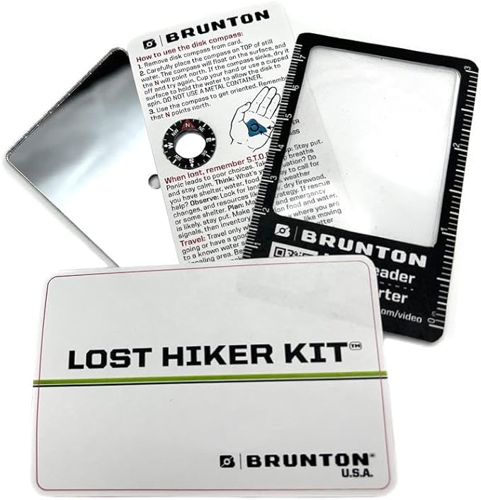 Brunton Lost Hiker Kit, Credit-Card-Size 4-in-1 Survival Tool — Disc Compass, Fresnel Magnifier, Signal Mirror & Emergency Info Card for Hiking, Backpacking, Camping & EDC