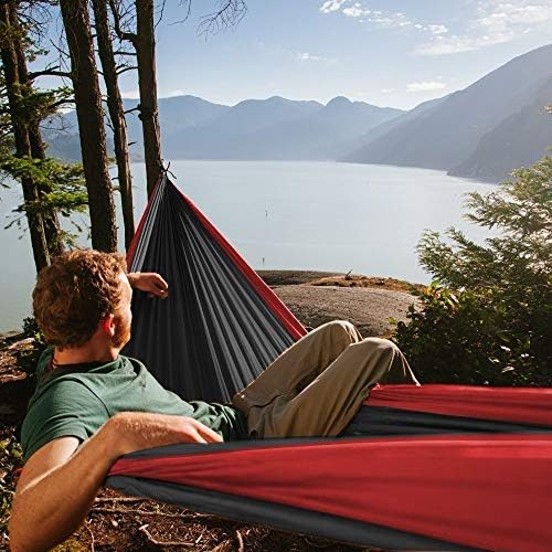 Fox Outfitters Neolite Double Camping Hammock - Lightweight Portable Nylon Parachute Hammock for Backpacking, Travel, Beach, Yard. Hammock Straps & Steel Carabiners Included (Red/Black)