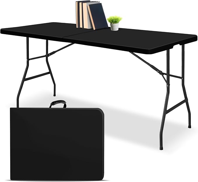 EconoHome Black 6ft Folding Table with Handle | Heavy-Duty Foldable Table | Portable Table for Indoor & Outdoor Use | Perfect for Events, Camping, Parties, Dining & More