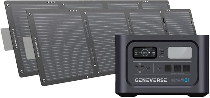 Geneverse 1210Wh Solar Generator Bundle: 1X HomePower ONE PRO Power Station (3X 1200W AC Outlets) + 2X 100W Mini Solar Panels. Indoor-Safe, LiFePO4 Backup Battery Generator for Home. (60-GVUS-SG2M2)