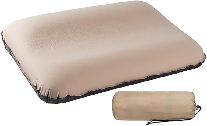 Inflatable Pillow for Camping, Automatic Travel Pillow with Memory Foam, Portable Ergonomic Pillow for Airplane, Hotel, Hiking, Backpacking, Beige