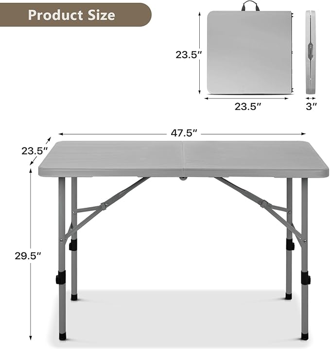 OS MOTOR 4ft Folding Table with Carry Handle, Portable Heavy Duty Plastic Utility Table with Steel Legs for Party, Wedding, Camping, Indoor, Outdoor Event, 48 Inch, Gray