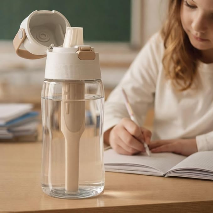 Dafi Filtered Water Bottle with Straw 17 oz - Sports Water Bottle Reusable with Carbon Filter for Gym, Travel, Daily Use - Leakproof, BPA-Free with Hypoallergenic Mouthpiece & Carrying Handle - Beige