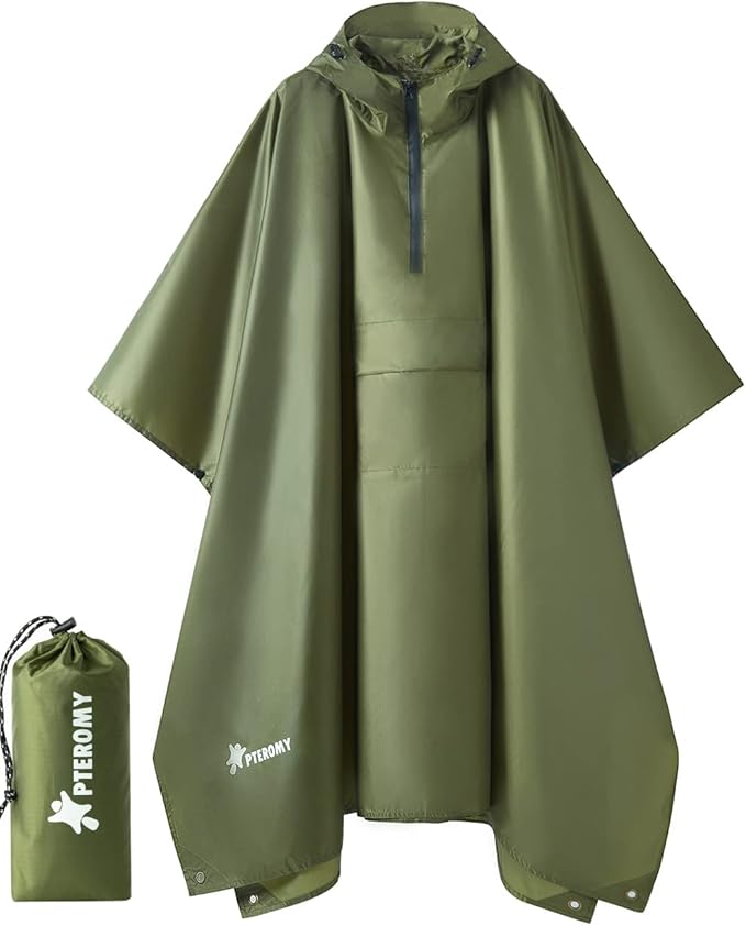 PTEROMY 3-in-1 Hooded Rain Poncho for Adult with Pocket, Waterproof Lightweight Unisex Raincoat for Hiking Camping Emergency