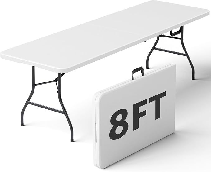 Folding Table 8ft - Heavy Duty Plastic Table with Handle, Foldable & Portable, Fold-in-Half Utility Tables for Outdoor, Dining, Wedding, Events, Indoor, Picnic, Camping, Party (White)