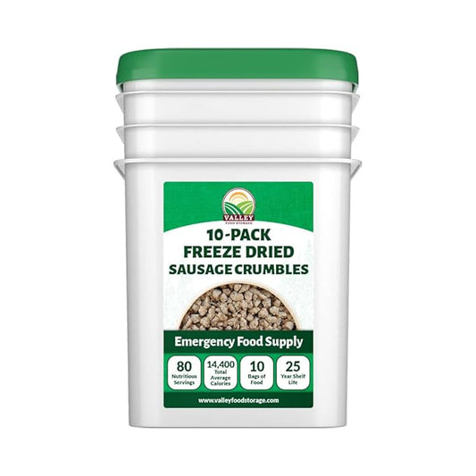 Valley Food Storage Freeze Dried Sausage Crumbles | 10-Bag Bucket, 85 oz | Premium Emergency Food Supply, 25 Year Shelf Life | Prepper Supplies, Survival Food, Camping & Off-Grid Living | Packaged in USA