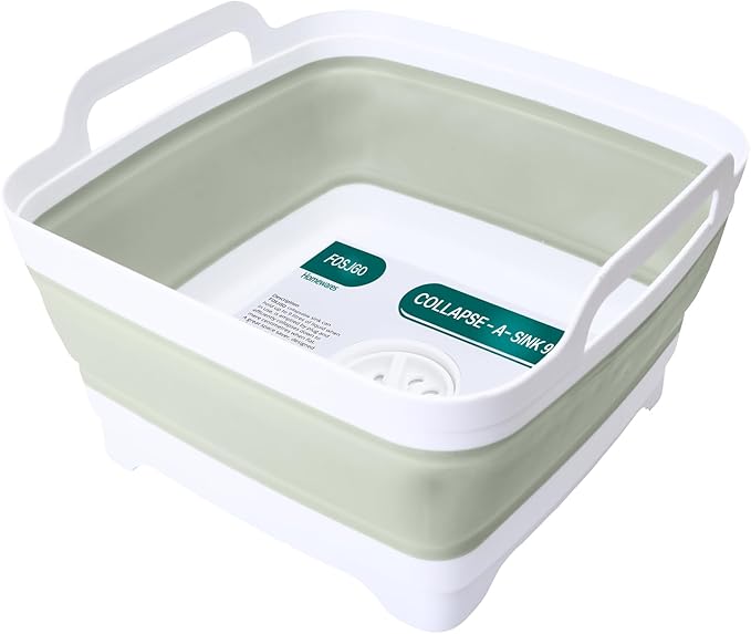 FOSJGO Collapsible Dish Basin with Drain Plug and Carry Handles - 9L Capacity, Portable Sink Tub for Camping and RV