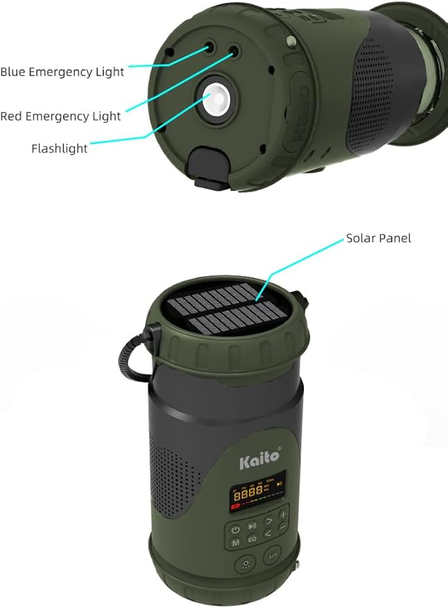 Kaito KL101 Emergency Camping Lantern & Flashlight, Hand Crank & Solar Powered, 5000mAh Rechargeable Battery, AM/FM/Weather Radio, Waterproof, SOS Alarm, USB Charging