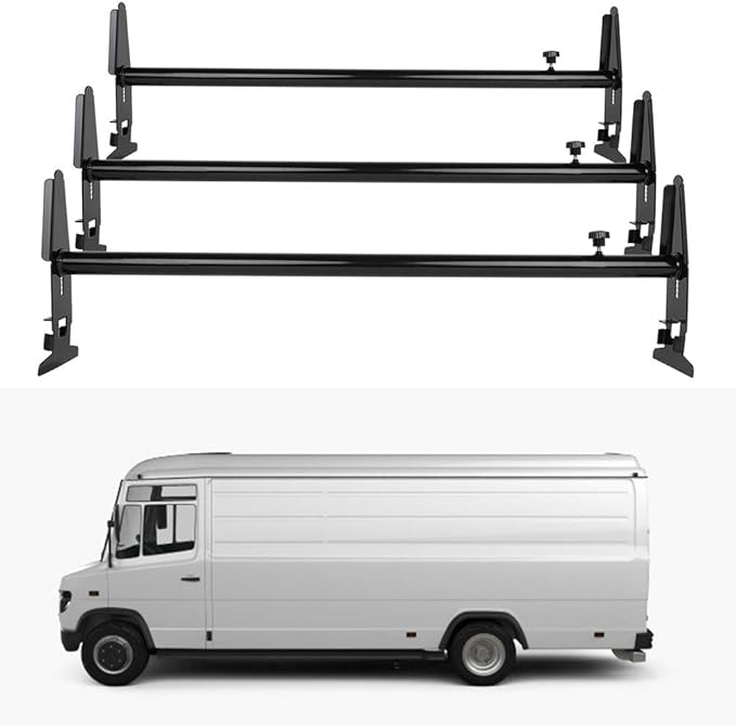 Scitoo Heavy-Duty 3 Bars Steel Utility Ladder Truck Pickup Rack Kayak Contractor Lumber Utility for Chevy for Dodge for Ford for GMC Express 77' Van with Rain Gutters - Black Van Rack