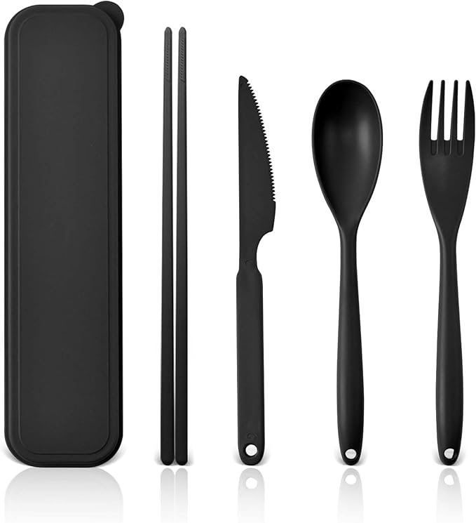 Large Reusable Travel Utensils Set with Case, Plastic Set for Adults Travel Picnic Camping, Portable Flatware Cutlery Set with Chopsticks for Daily Use(Black)