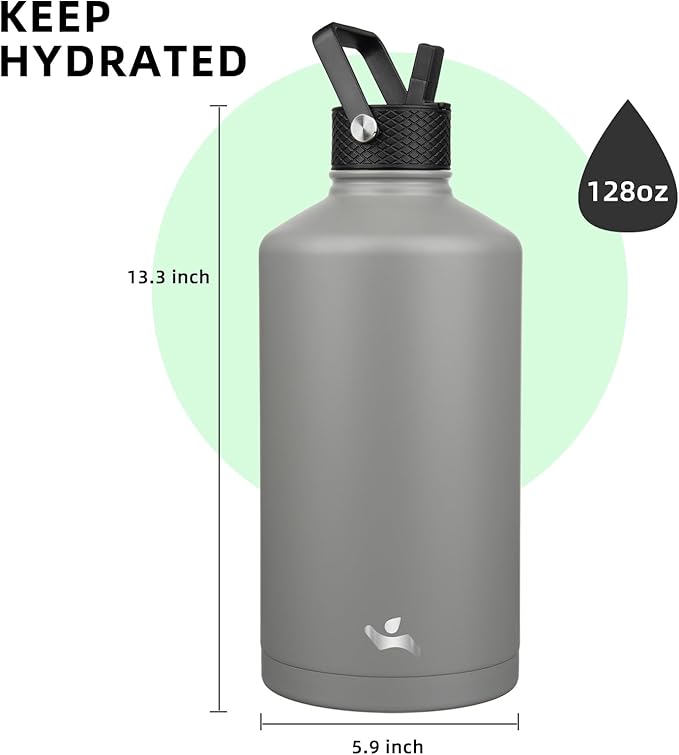 Konokyo Gallon Insulated Water Bottle with Straw,128 oz 3 Lids Water Jug with Carrying Bag,Paracord Handle, Double Wall Vacuum Stainless Steel Metal Flask,Gray