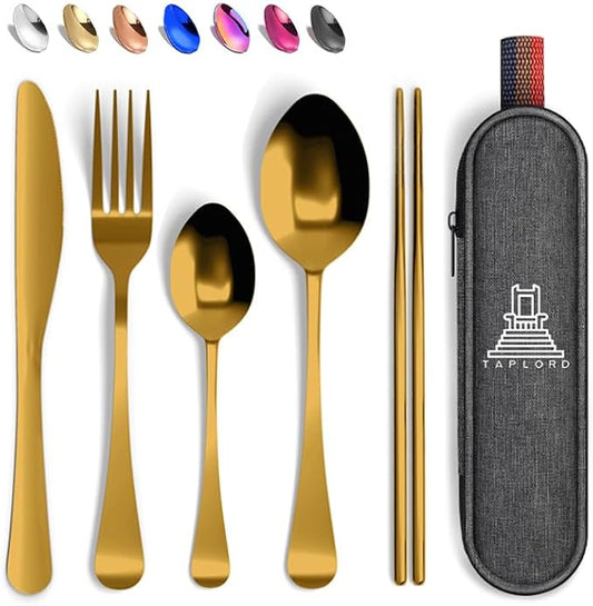Taplord Portable Travel Silverware Set With Case, Includes 5 Pcs of Travel Utensils With Case, Stainless Steel Flatware Set For Camping, Easy to Travel, Lightweight (Gold)