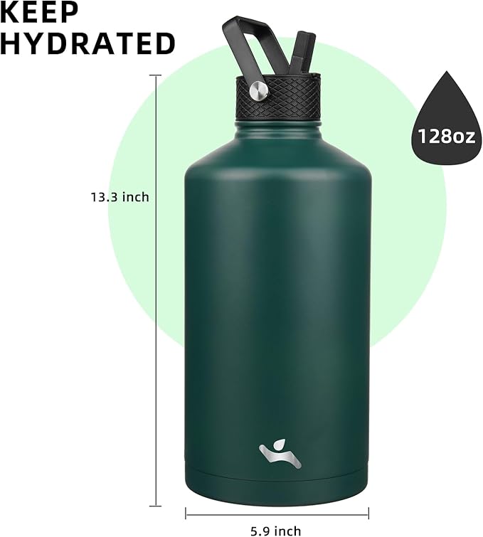 Konokyo Gallon Insulated Water Bottle with Straw,128 oz 3 Lids Water Jug with Carrying Bag,Paracord Handle, Double Wall Vacuum Stainless Steel Metal Flask,Dark Green