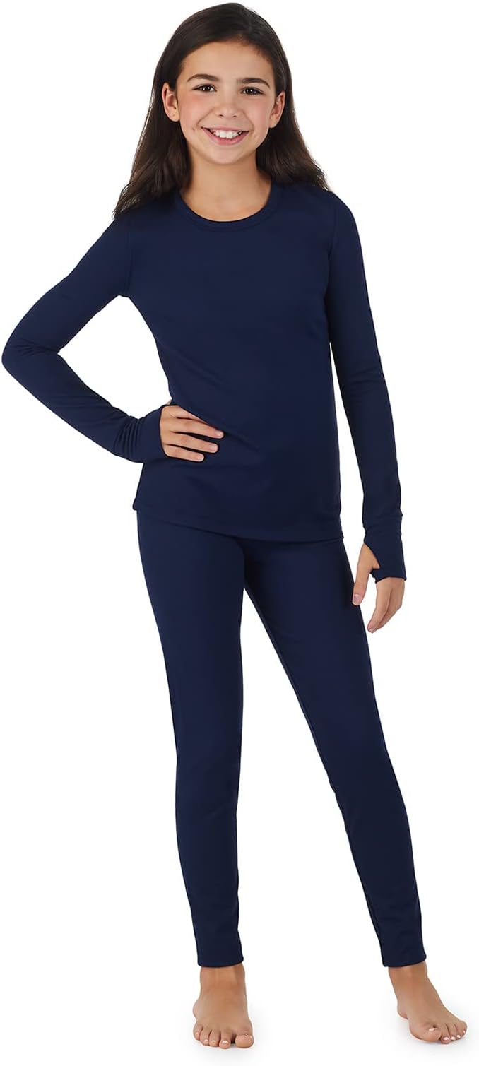 Cuddl Duds Girls Heavyweight Cold Weather Fleece Lined Thermal Set – Long Sleeve Shirt & Leggings – Long Johns for Kids