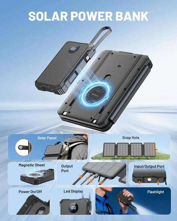 SOLUPUP Solar Charger Power Bank 10000mAh with 5-Port Fast Charging 4 Foldable Panels, Wireless Charging External Battery Pack, USB-C in/Output & IP67 Waterproof Flashlight for Camping Hiking Outdoor