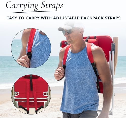 CARIBBEAN JOE Folding Beach Chair, 4 Position Portable Backpack Foldable Camping Chair with Headrest, Cup Holder, and Wooden Armrests