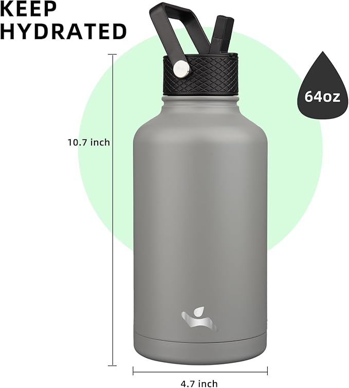 Konokyo Half Gallon Insulated Water Bottle with Straw,64 oz 3 Lids Water Jug with Carrying Bag,Paracord Handle,Double Wall Vacuum Stainless Steel Metal Flask,Gray