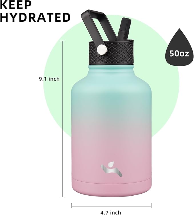 Konokyo Insulated Water Bottle with Straw,50 oz 3 Lids Water Jug with Carrying Bag,Paracord Handle,Double Wall Vacuum Stainless Steel Metal Flask,Gum