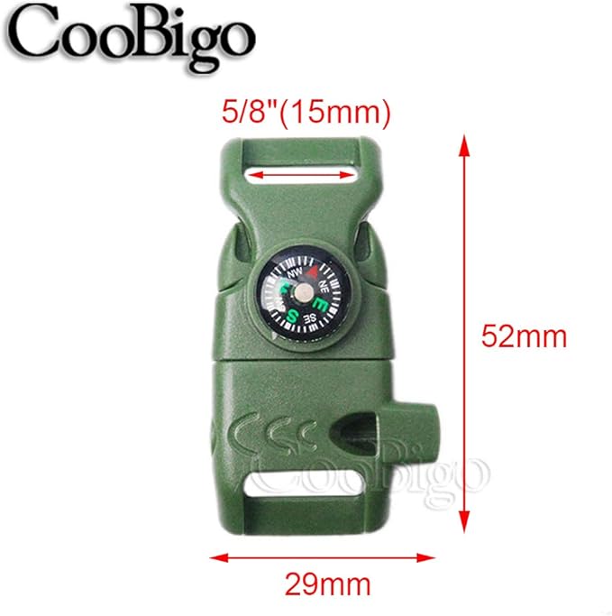 CooBigo 5/8" Compass Whistle Buckle Plastic Paracord Bracelet Outdoor Camping Emergency Survival Travel Kits